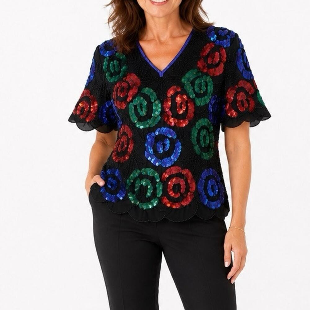 Vintage Stenay Silk Sequin Beaded Top Floral Party Blouse Black Multicolor M
